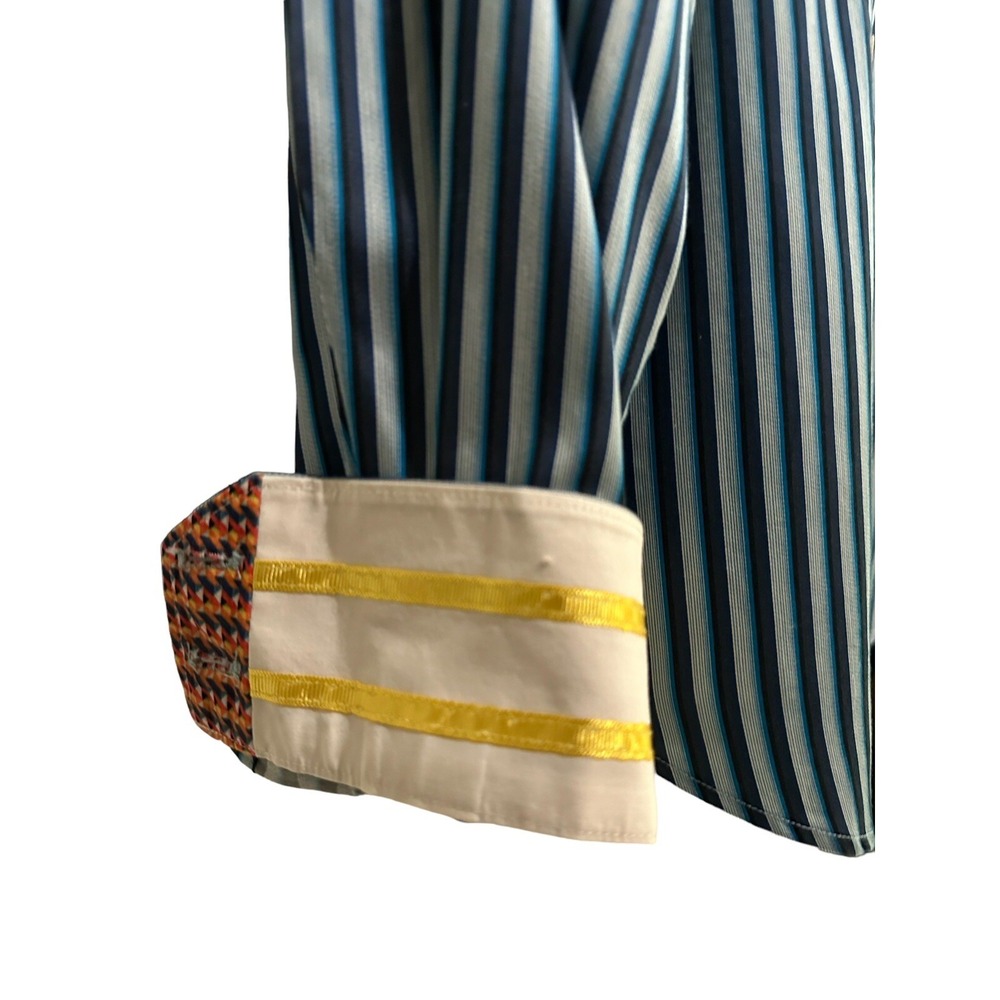 Robert Graham X Shirt Striped Blue Teal Contrast Ribbon Flip Cuff Mens L